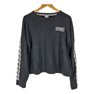 VS PINK VICTORIA'S SECRET BLACK PULLOVER SWEATSHIRT STRIPED SLEEVES SIZE MEDIUM